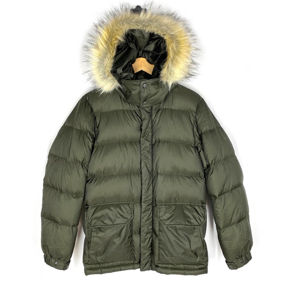 Uniqlo Olive Green Puffer Jacket with Faux Fur Hood